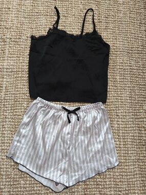 SHEIN Black Lace Cami & White Pinstriped Shorts Pajama Set